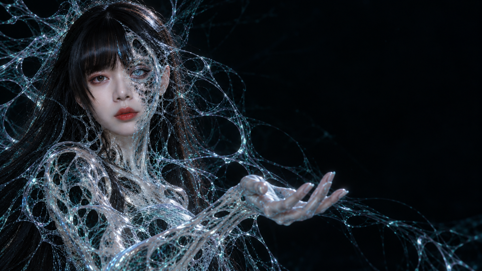 A glass-bodied figure entwined with luminous mycelium extends an open hand into darkness.